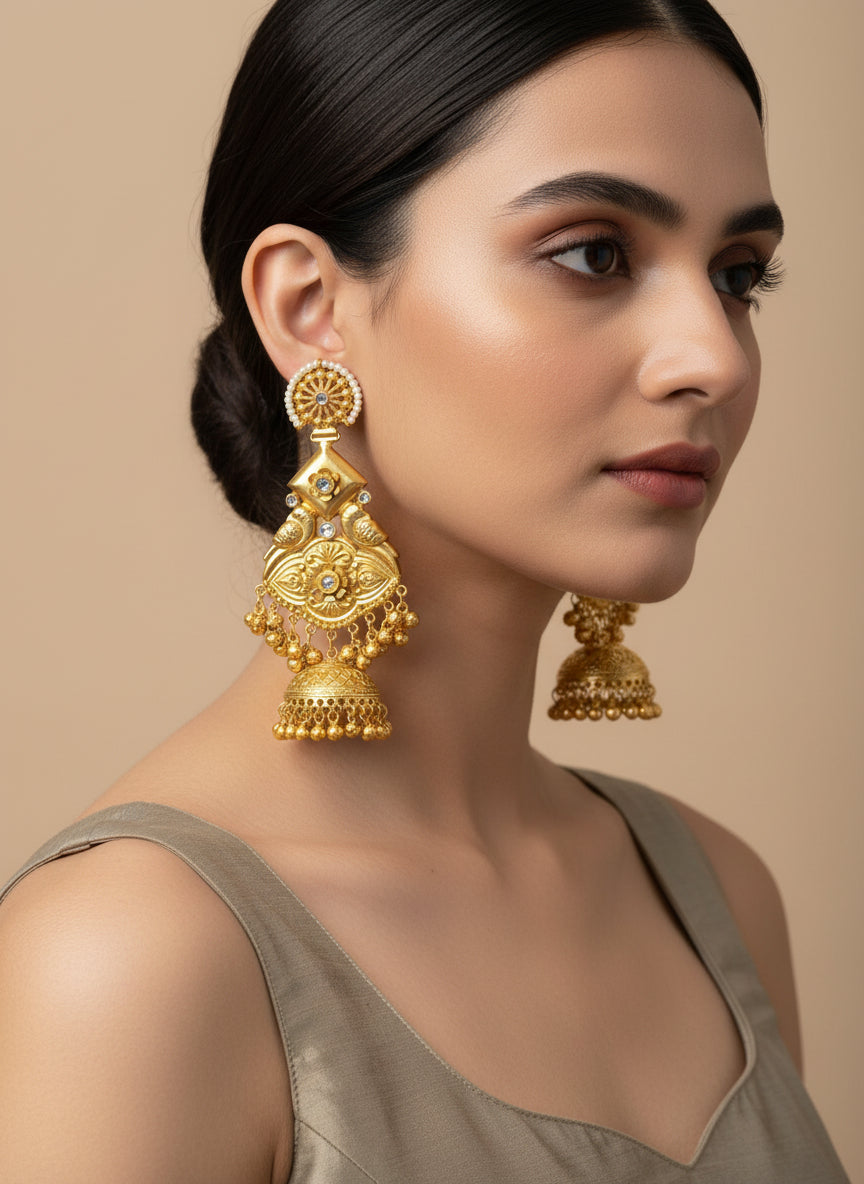 A pair of gold-plated long Jhumka earrings with intricate traditional design and miniature bells, displayed on a stand.