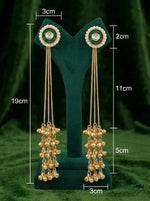 Gold earrings with measurements on a green stand against a green background
