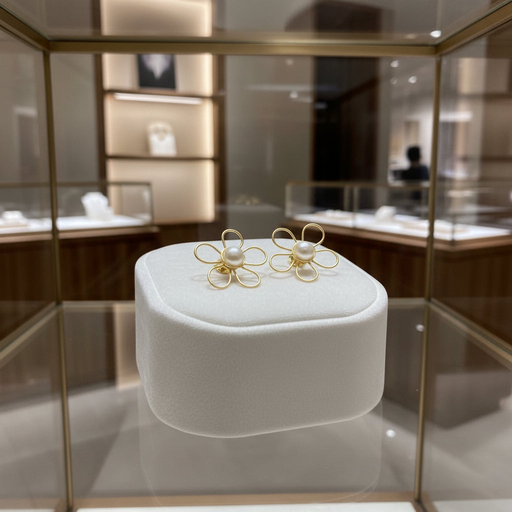 Gold flower-shaped earrings on a white cushion in a jewelry store setting