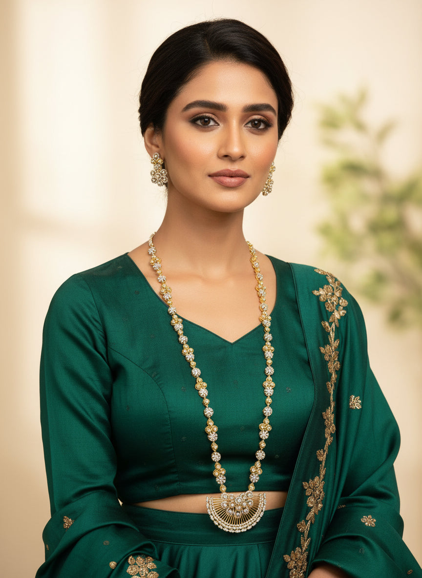 Gold plated with silver and golden polished with white and golden stones of American diamonds long necklace and two earrings set by famaza couture 