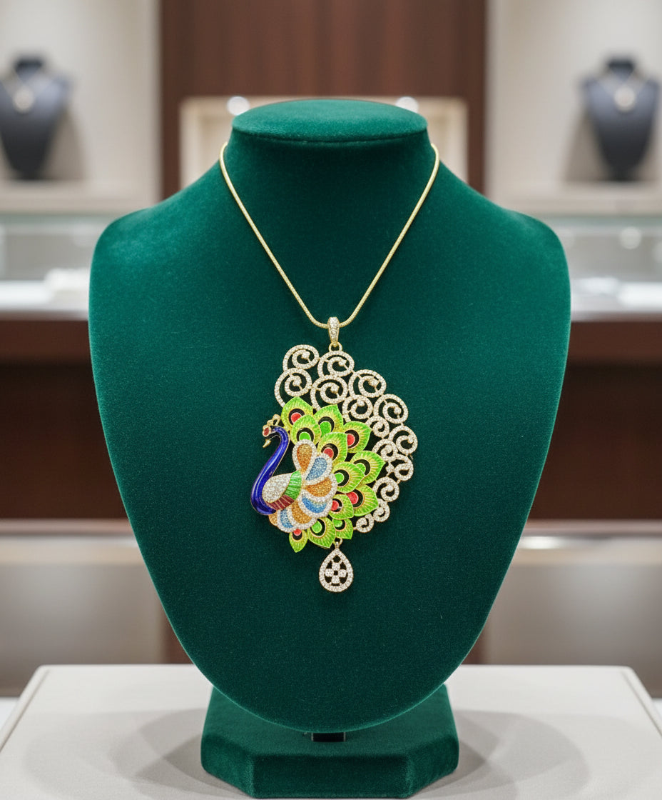 Gold polished a peacock pendant with vibrant green, blue, and gold enamel accents, along with white AD stones sparkling embellishments. Pendant is focused to show the design.