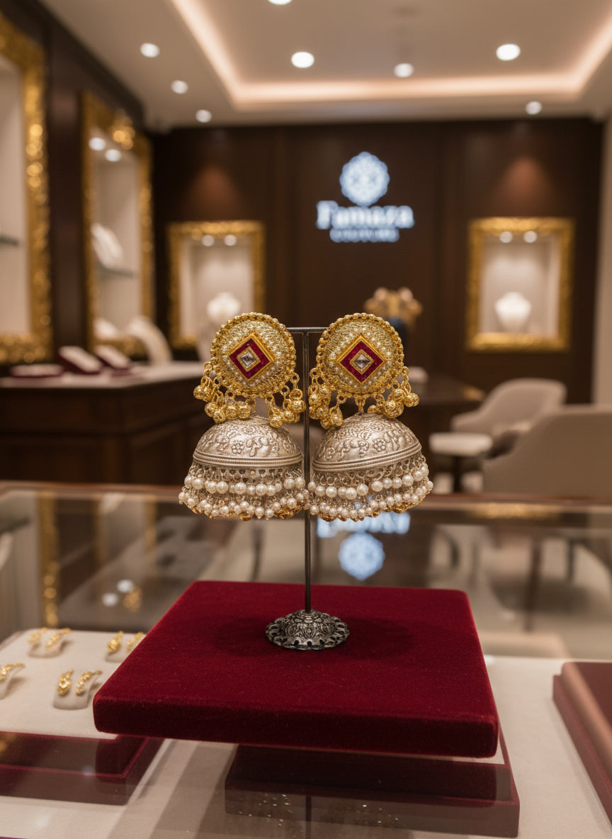 Gold stud with oxidised dome in the bottom and nano pearls double line hanging pearls jhumka earrings and pearl earrings on display in a jewellery store with 'Famaza Couture branding.