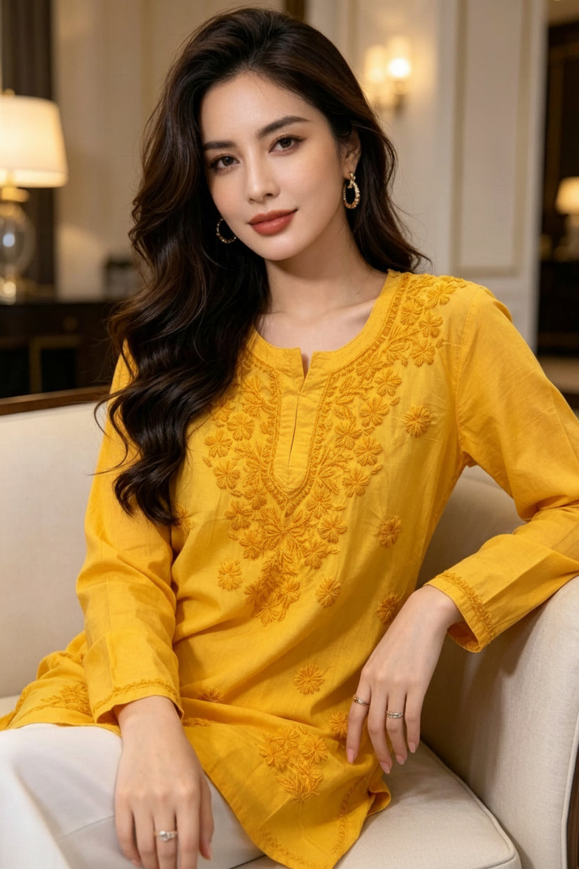 Seated view of a woman wearing a vibrant yellow cotton short kurti featuring intricate matching floral embroidery, a keyhole neckline, and a square hem line, paired with white trousers.