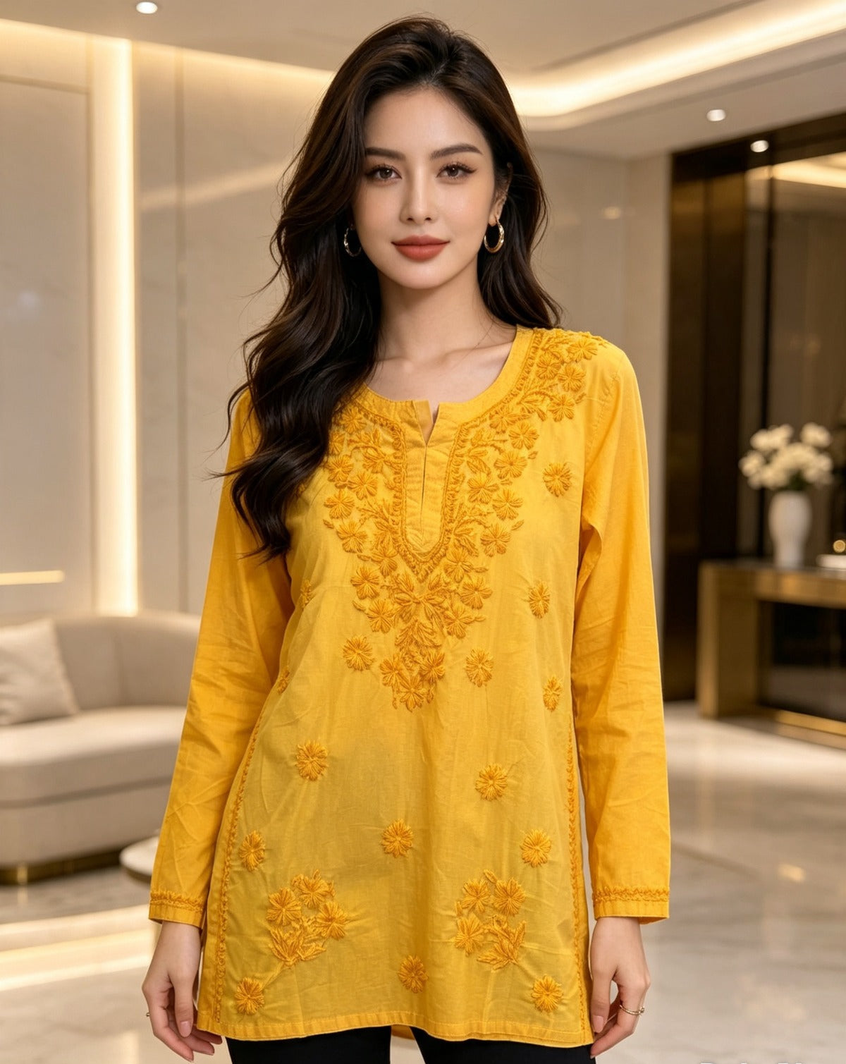Front view of a woman wearing a vibrant yellow cotton short kurti featuring intricate matching floral embroidery, a keyhole neckline, and a square hem line, paired with dark trousers in an indoor boutique setting.