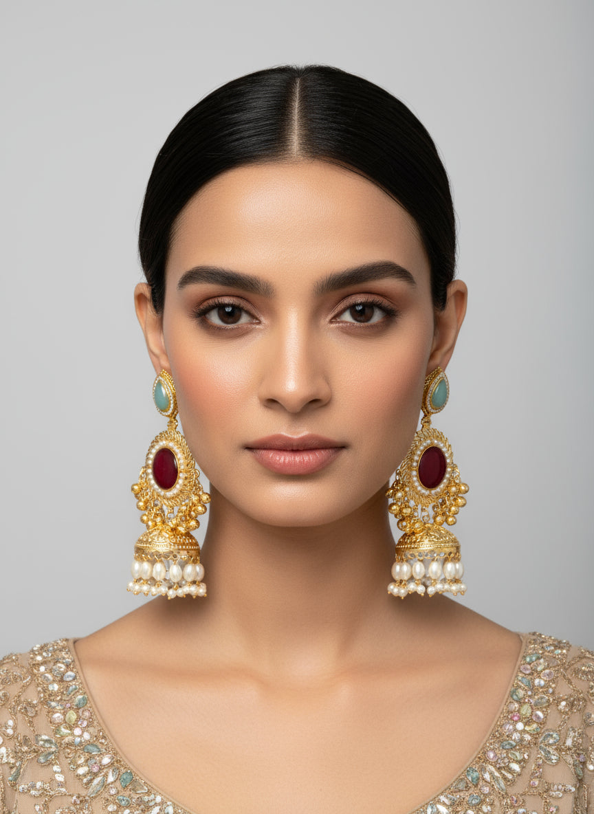 Gold and red gemstone earrings held by a hand with a blurred background