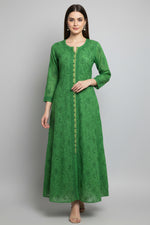Green A-line Chanderi silk Chikankari hand-embroidered long evening dress 53 inches - Famaza Couture