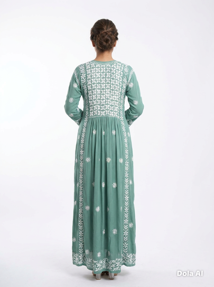 Green embroidered dress worn by a person on a white background
