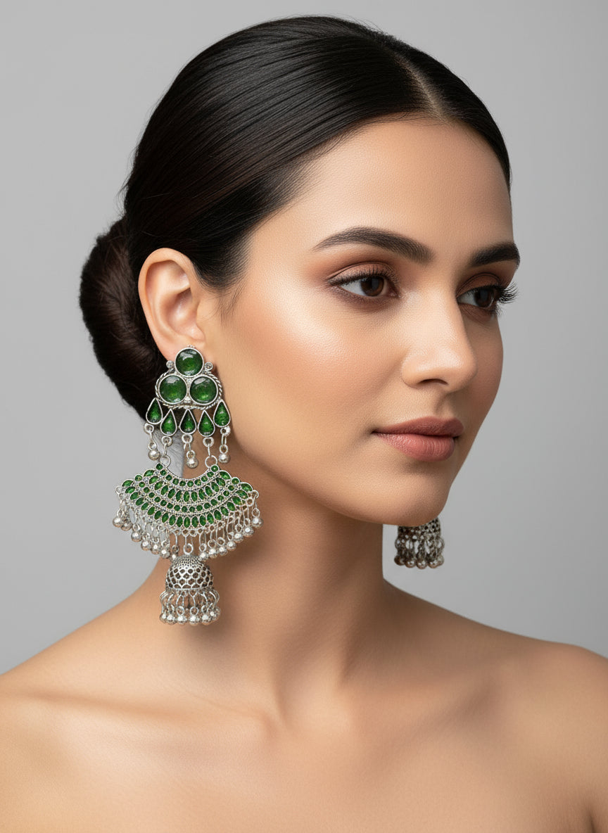 Green enamel oxidised drop earrings with small jhumka by famaza couture 