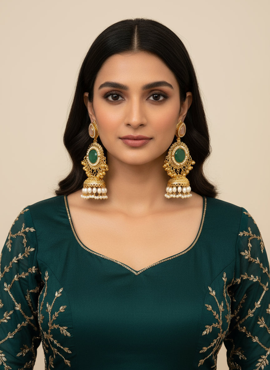 Gold and green decorative item held by a hand with a blurred background