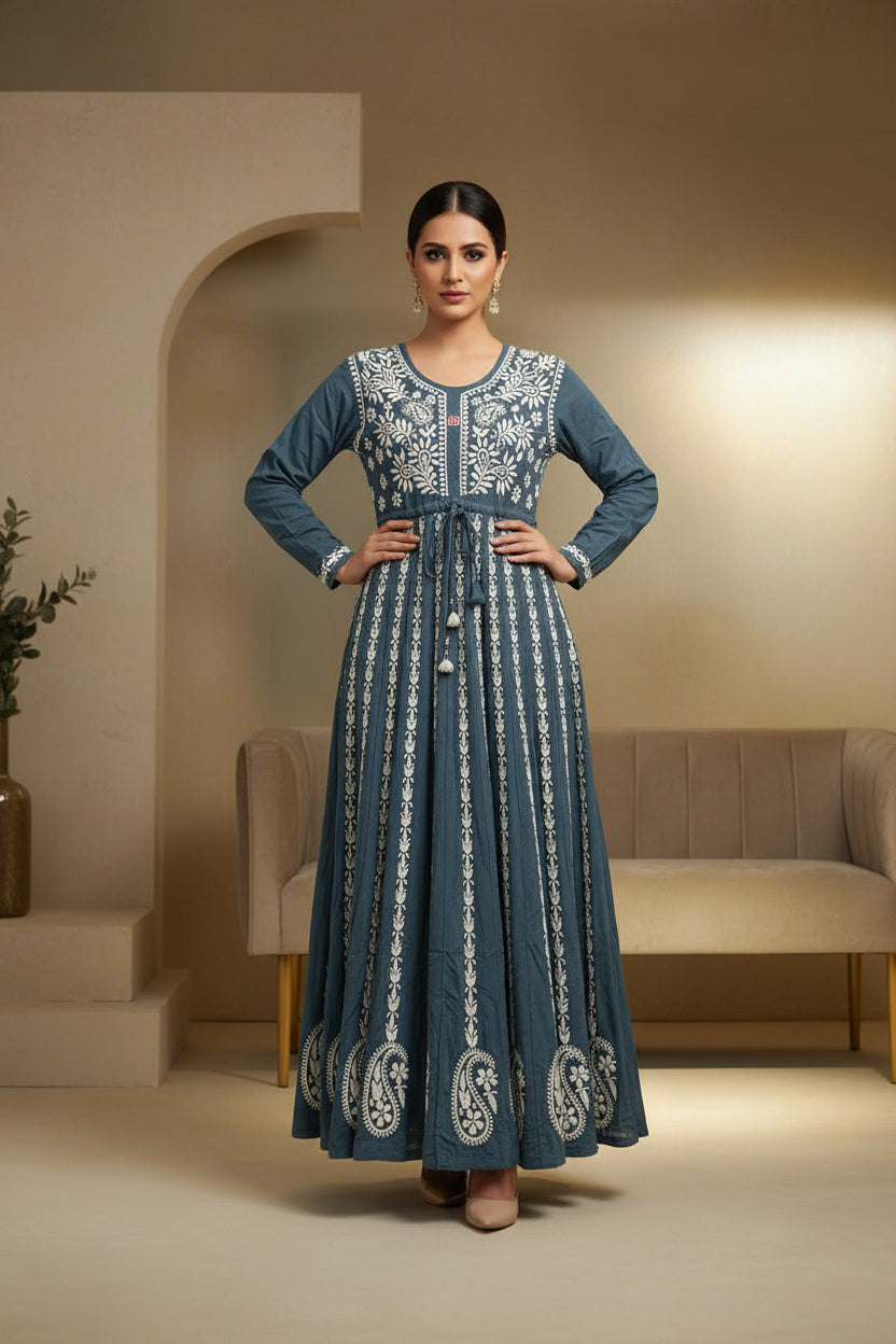 Grey chikankari hand embroidered Aanarkali long dress.