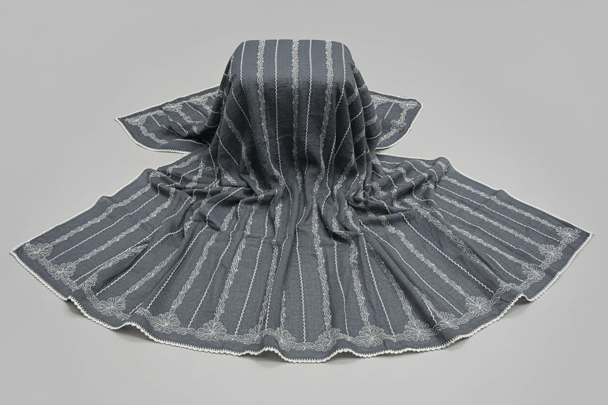 Grey colour handcrafted Kota Doriya Chikankari Hand-embroidered duppata with white thread hand embroidery Duppata by Famaza Couture. 