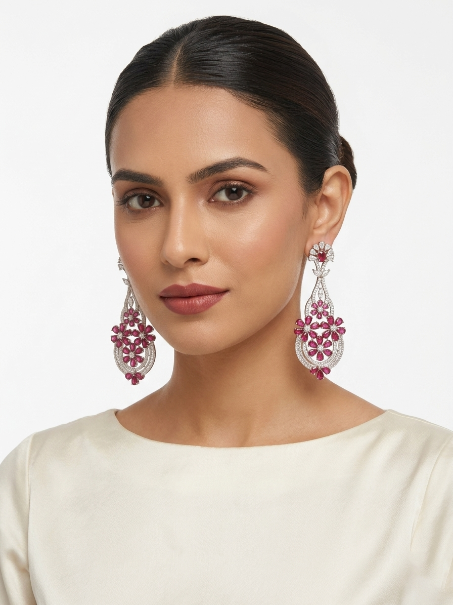 Long ruby and diamond floral chandelier earrings on a model, showcasing a tiered traditional Indian statement design.