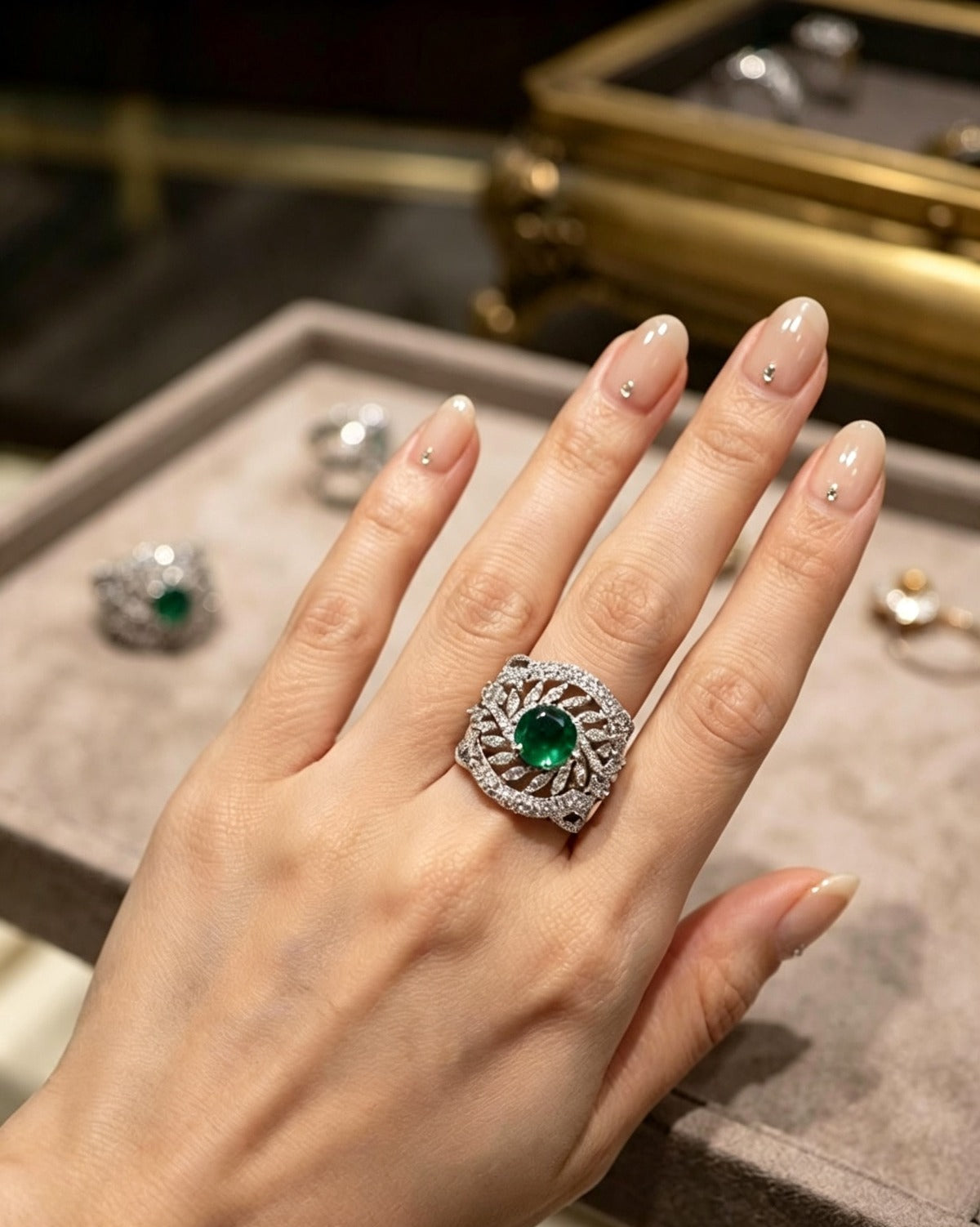 Silver plated halo cocktail ring featuring a round emerald green center stone surrounded by marquise and round cubic zirconia accents, ornate filigree design, luxury women's AD jewelry.