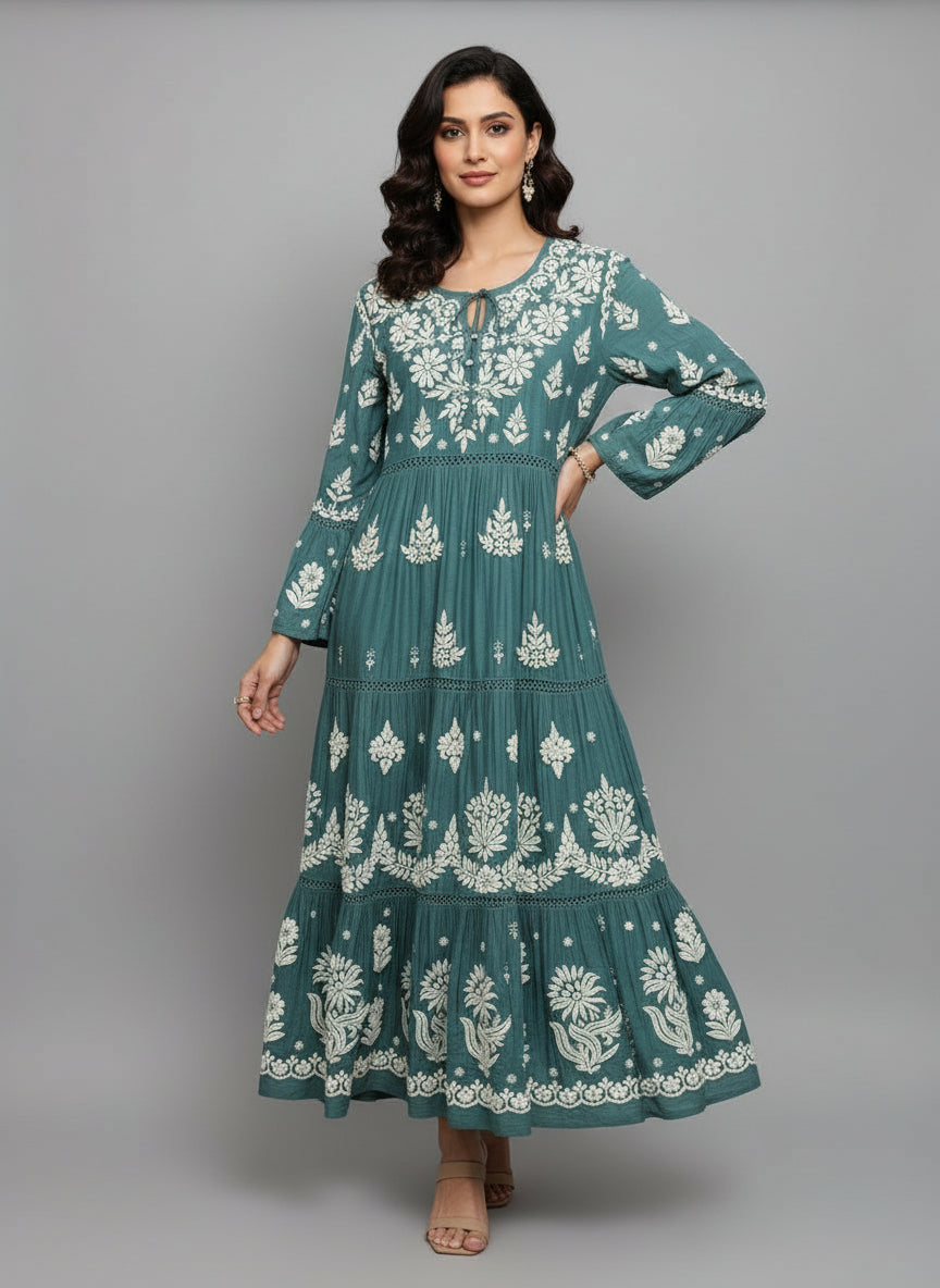 Hand-Embroidered Green Long multi layered Flared Dress front view – Luxury Chikankari Famaza Couture