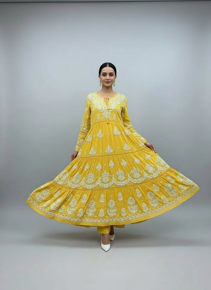 Hand-Embroidered Yellow Long multi layered Flared Dress front view-Luxury Chikankari by Famaza Couture London