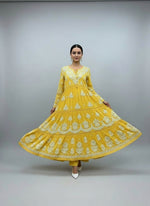 Hand-Embroidered Yellow Long multi layered Flared Dress front view-Luxury Chikankari by Famaza Couture London
