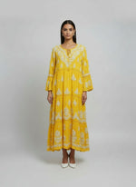 Hand-Embroidered Yellow Long multi layered Flared Dress full front view-Luxury Chikankari by Famaza Couture London