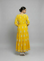 Hand-Embroidered Yellow Long multi layered Flared Dress full rear view-Luxury Chikankari by Famaza Couture London