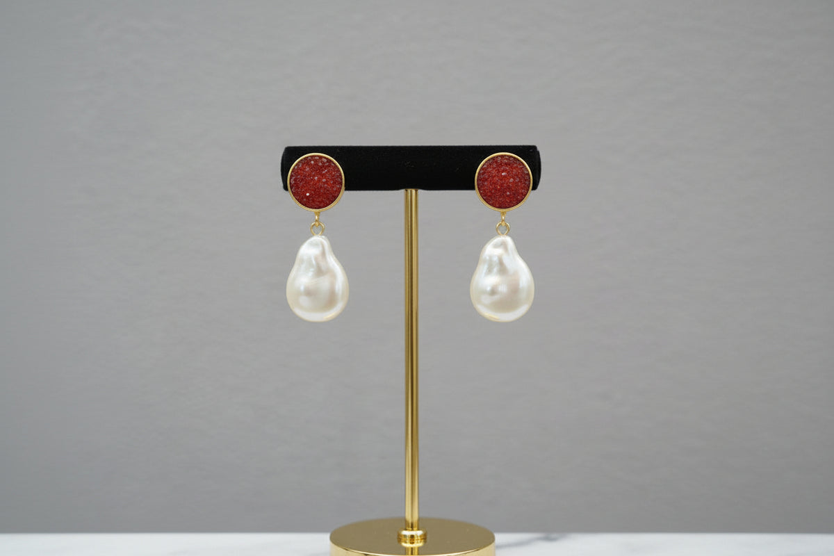 Handcrafted Mother of Pearl and Sugar Stone Stud Earrings in Brass – Elegant Bridal and Evening Wear Jewellery for Women.