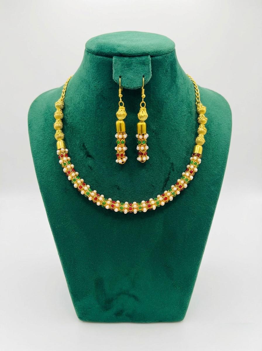 Handcrafted multicoloured nano bead jewellery set displayed on a professional velvet jewellery stand.