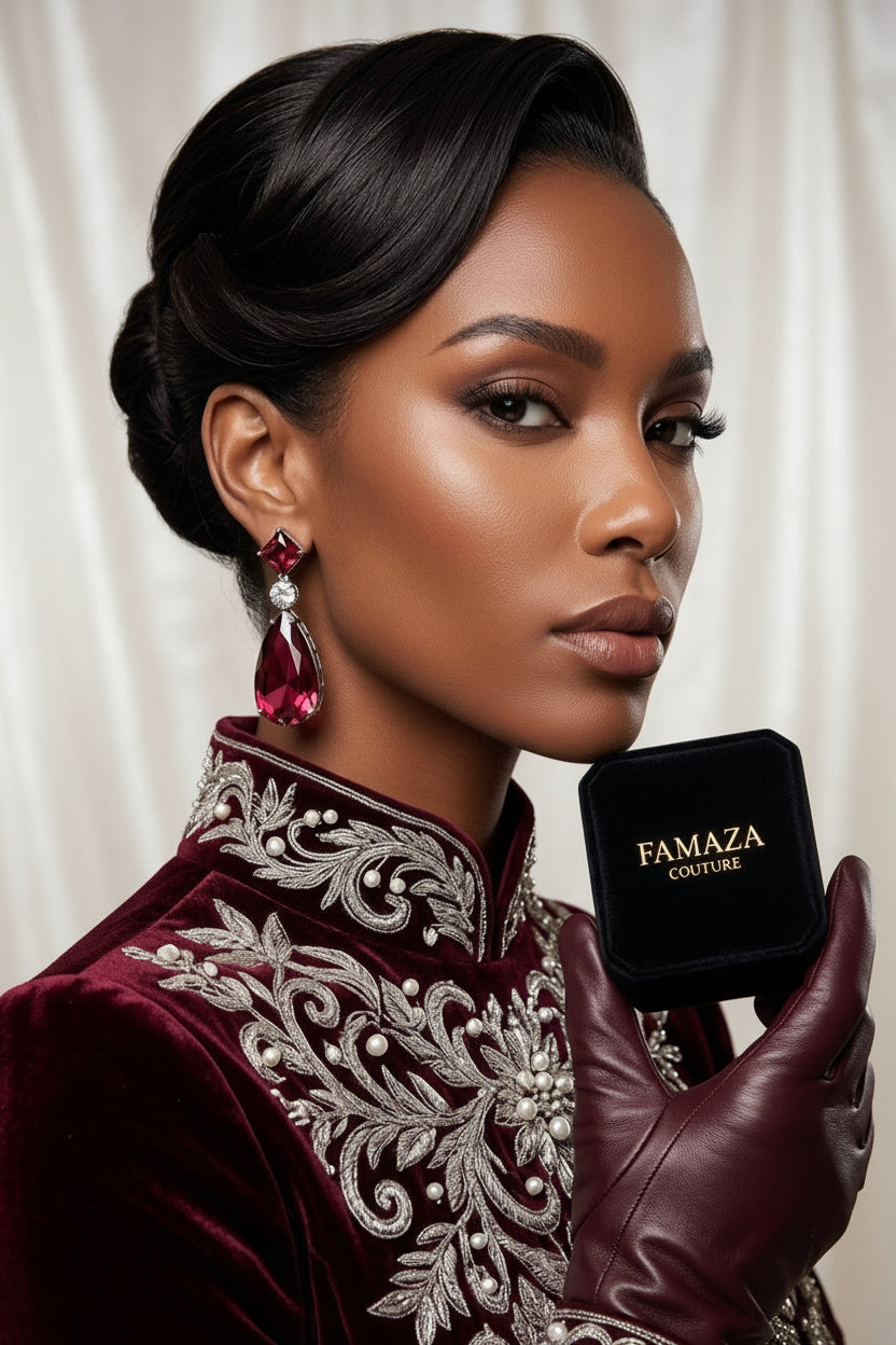 Handcrafted ruby red American Diamond drop earrings with anti-tarnish rhodium plating by Famaza Couture