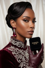 Handcrafted ruby red American Diamond drop earrings with anti-tarnish rhodium plating by Famaza Couture