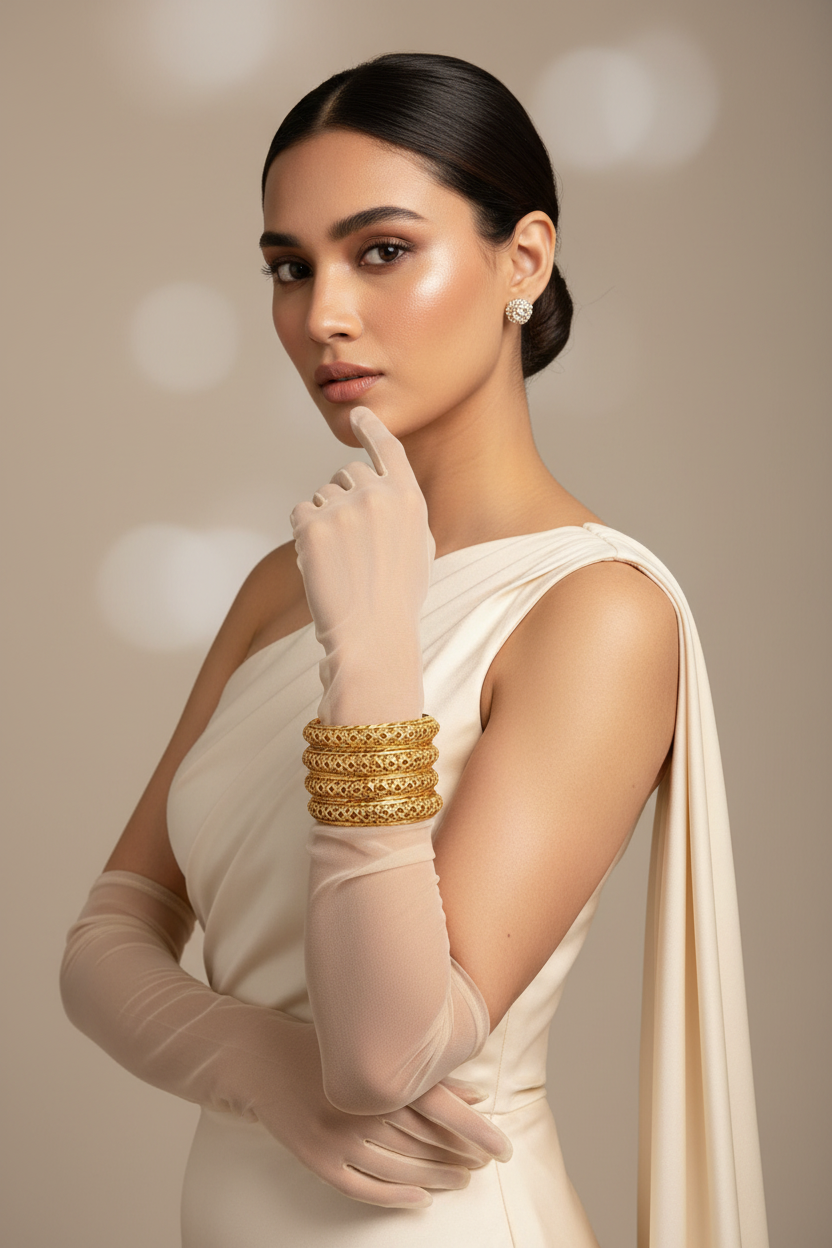 Handcrafted set of 4 gold plated fan-pattern lattice cutwork bangles – 22K gold tone on copper