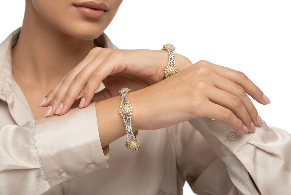 Handmade Aira Dua two-tone starburst floral bangles – gold and silver filigree kada set with American diamonds – set of 2
