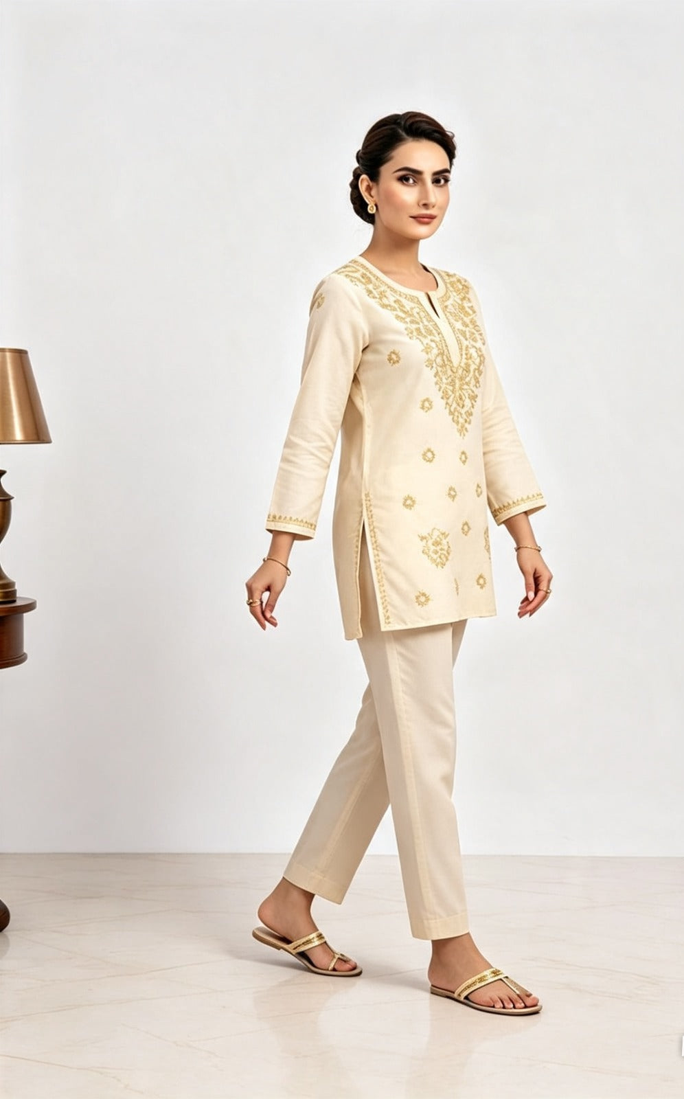 Full-length side view of a model walking while wearing a beige cotton short kurti featuring gold embroidery, a keyhole neckline, and a square hem line, paired with matching trousers and gold sandals.