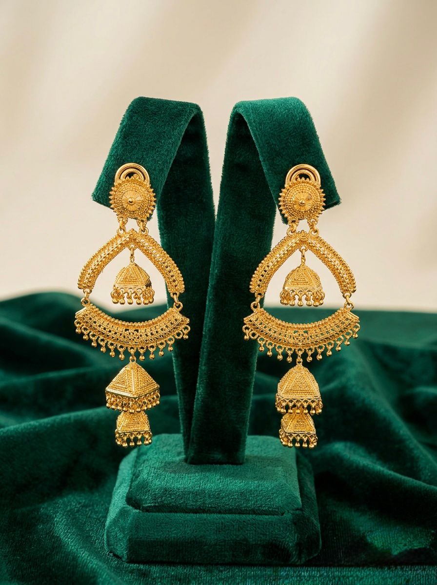 Grand Heritage gold-plated jhumka chandbali earrings displayed on a luxury green velvet stand, featuring intricate filigree work and a triple-tier drop design.