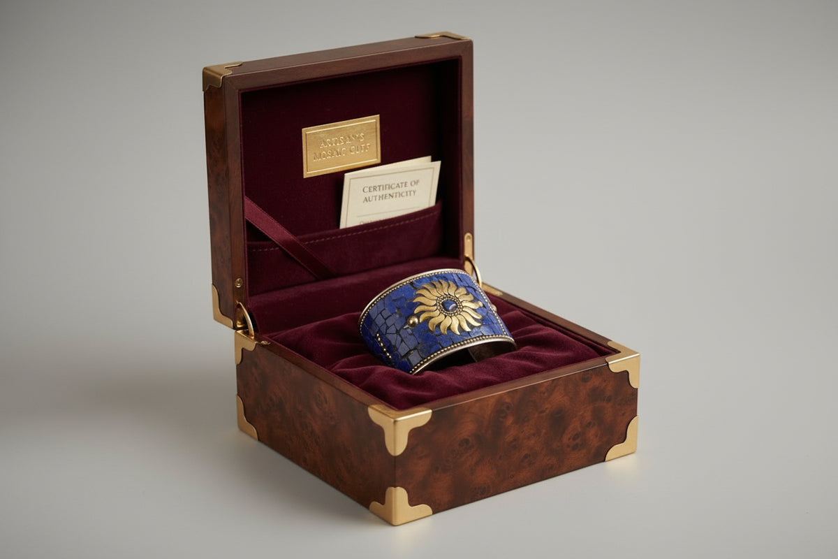 A blue mosaic cuff bracelet with a gold sunburst design and central blue stone, presented inside an open wooden jewelry box with burgundy velvet lining and a gold plaque.