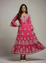 Hot Pink Colour Hand-Embroidered Long multi layered Flared Dress full rear view-Luxury Chikankari by Famaza Couture London