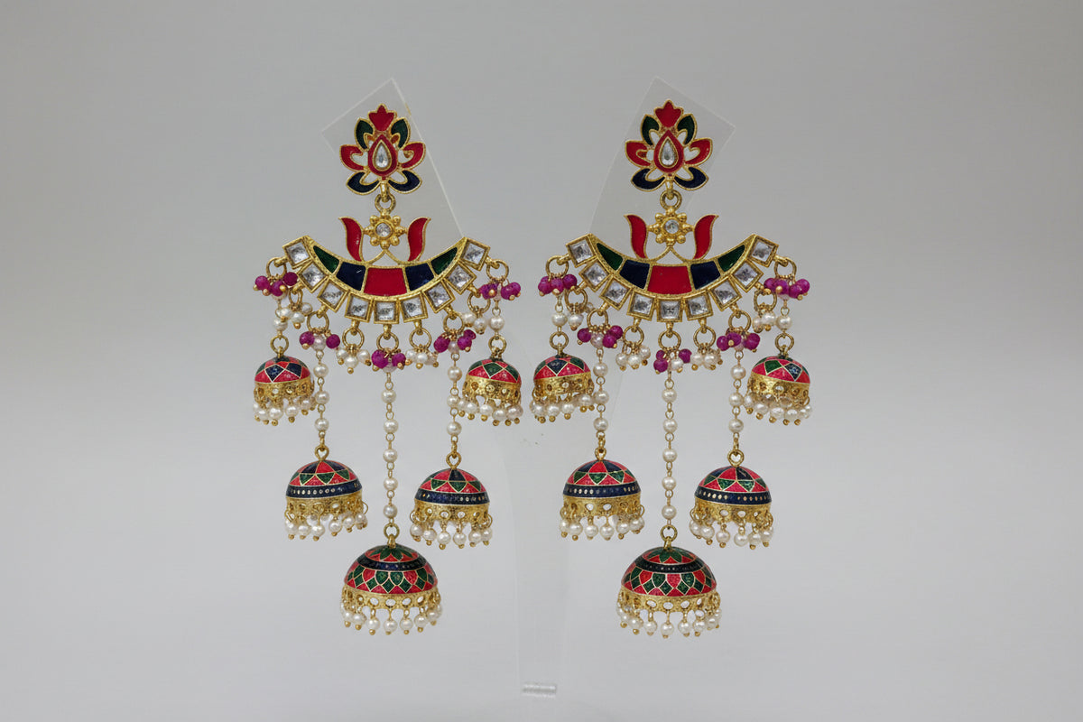Hot pink and navy blue Meenakari Jhumka Chandbali Earrings with Pearl Drops – Traditional Indian Bridal & Party Wear Earrings