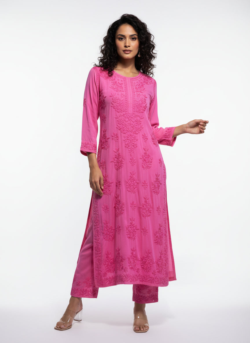 Hot pink colour modal fabric tone to tone hand embriodered kurti and trousers. Kurti is 46 inches long