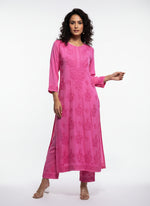 Hot pink colour modal fabric tone to tone hand embriodered kurti and trousers. Kurti is 46 inches long