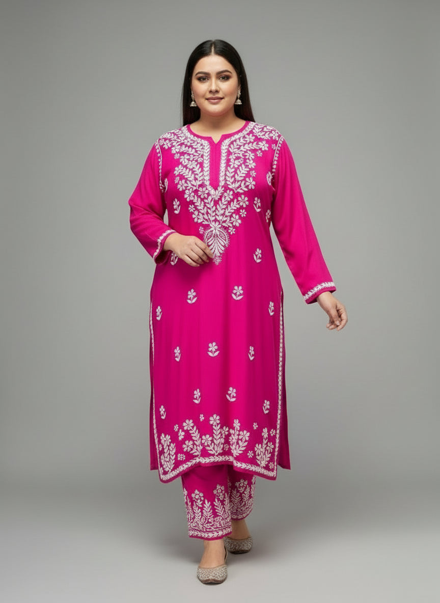 Hot pink colour rayon fabric UK 5XL plus size chikankari kurti with white thread embroidery.
