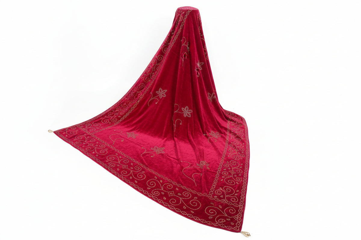Hot pink colour velvet fabric shawl with gold colour nano beads embellishments and intricate floral patterns by Famaza Couture 