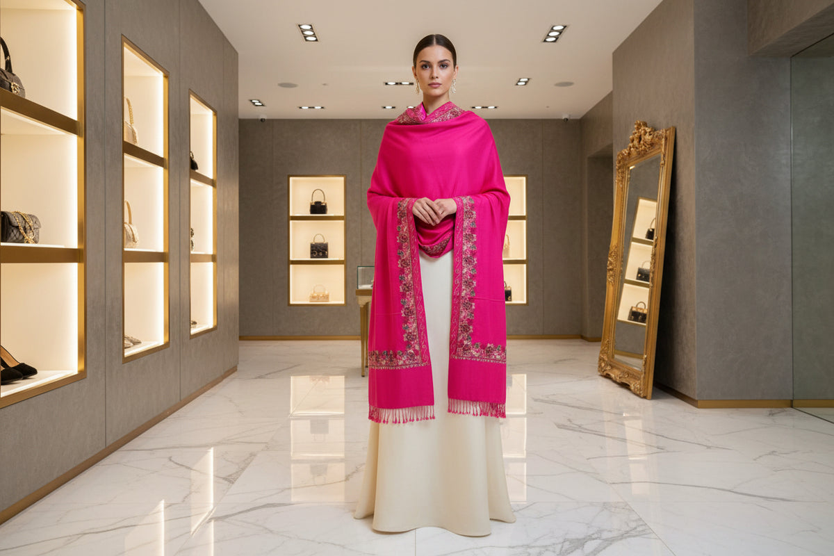 Hot pink shawl with floral patterns draped over a mannequin next to a black handbag on a small table against a marble wall.