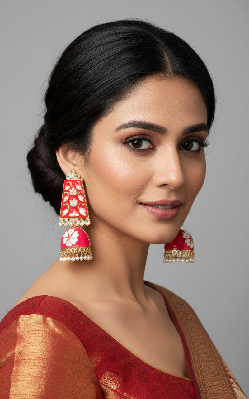 A pair of gold-plated Meenakari long Jhumka earrings with green and white enamel work and pearl accents.