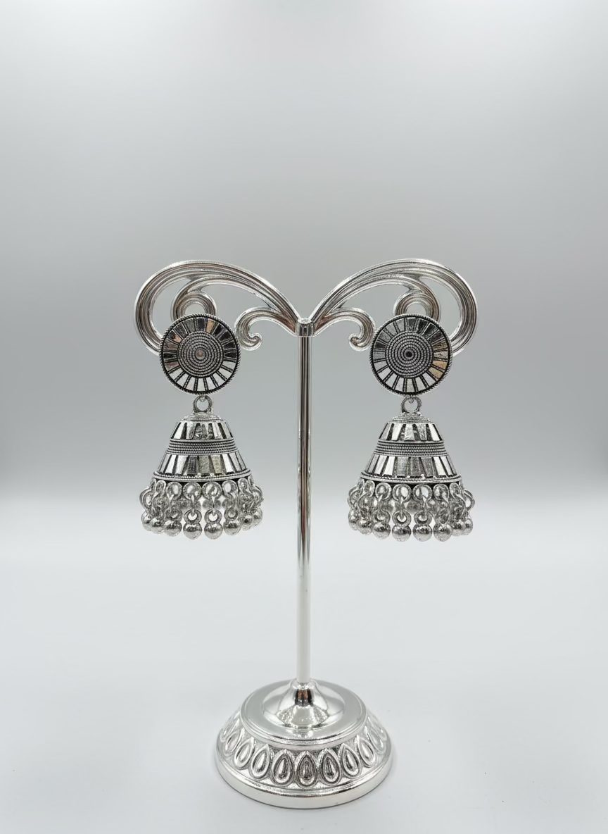 Close up filigree oxidised earrings silver dangle earrings