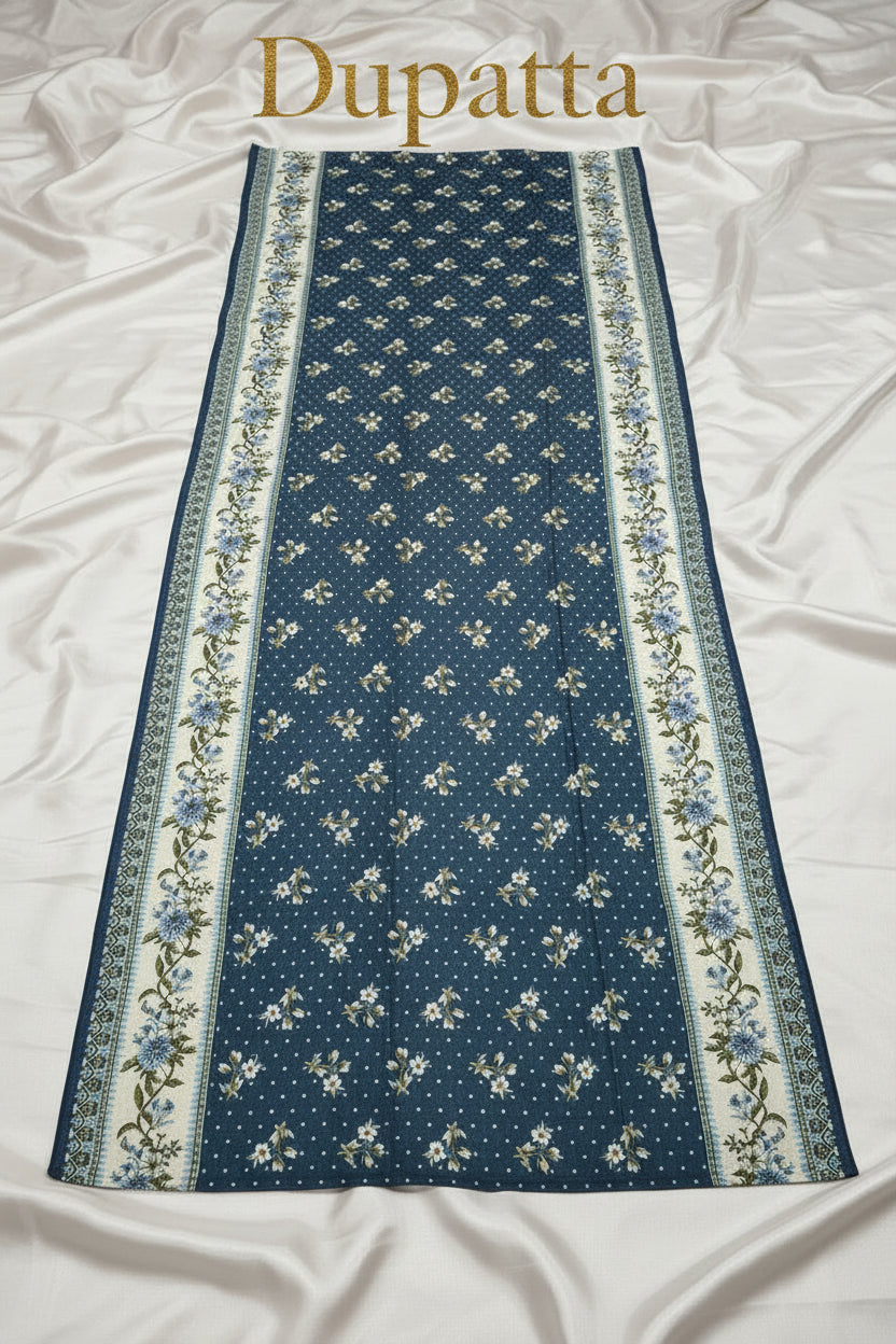A long rectangular state blue shawl is displayed to show the full print design on it. it's 2.5 yard long and 1 yard wide