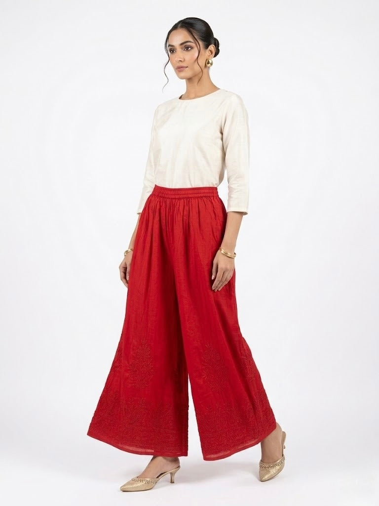 Crimson Red Hand-Embroidered Chikankari Wide-Leg Trousers