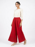 Crimson Red Hand-Embroidered Chikankari Wide-Leg Trousers