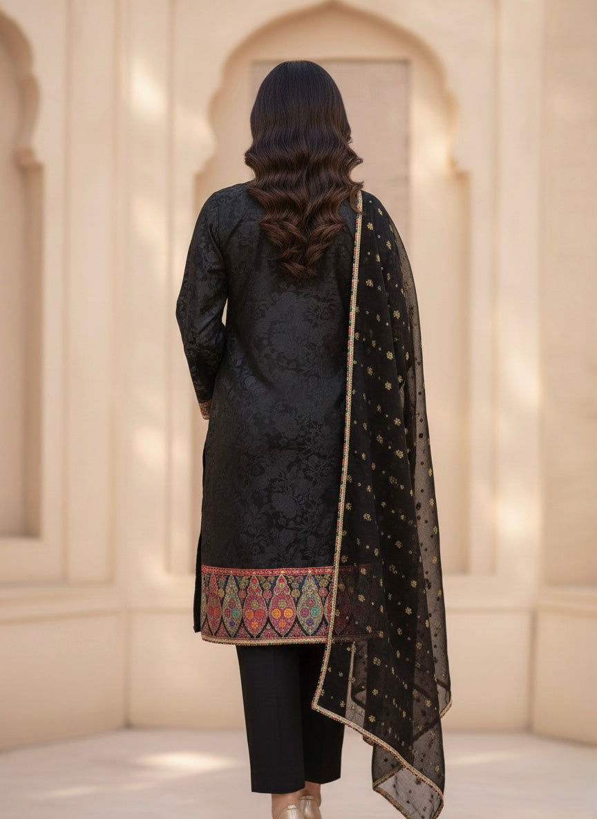 Premium Black Silk Kanni Woven Kurta Set with Banarasi Chiffon Dupatta raw Silk Trousers