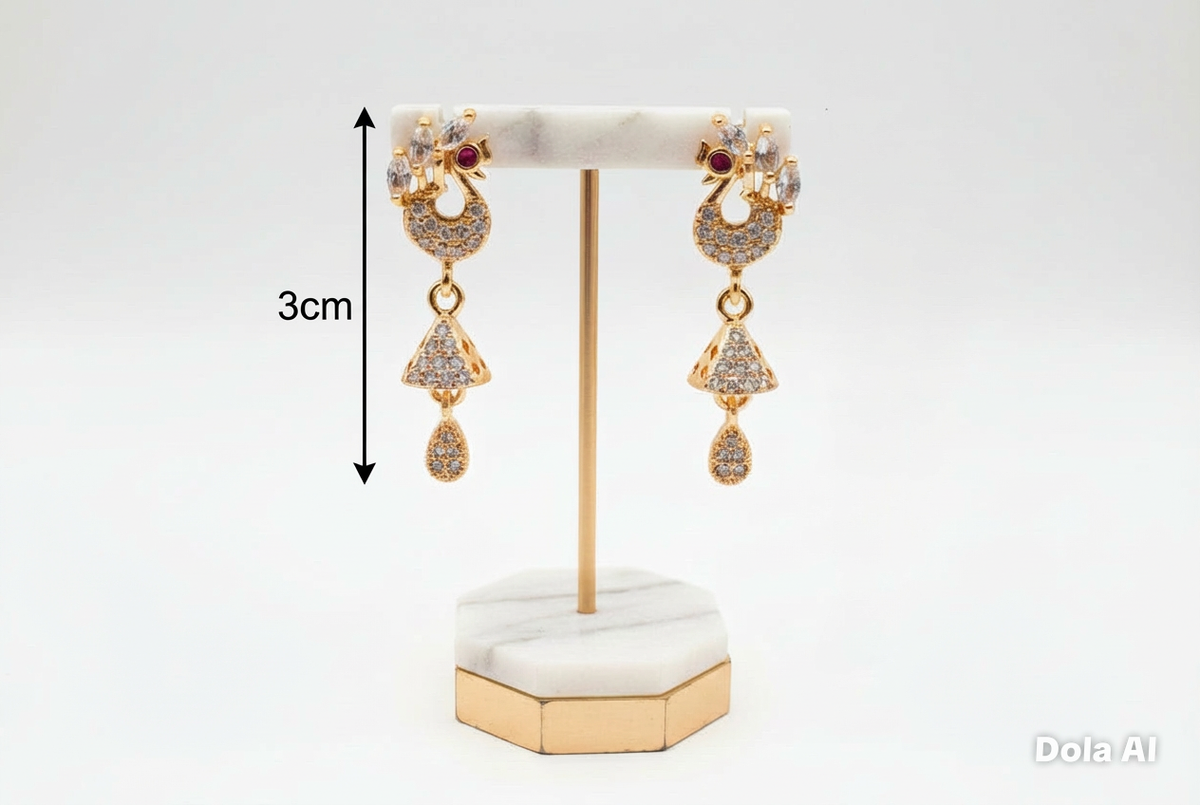 Mayura Rose Gold American Diamond Peacock Earrings | 3cm Jhumka Style Drops