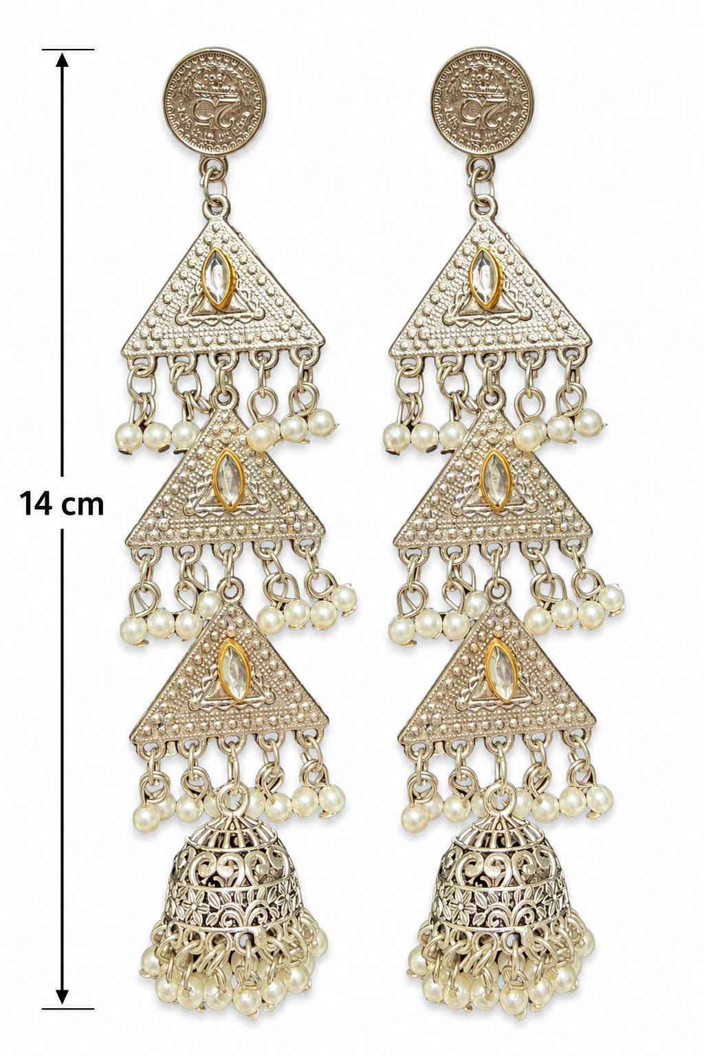 A pair of traditional Indian gold and silver-toned dangle earrings with intricate filigree work, small pearl bead accents, and a bell-shaped jhumka at the bottom, shown against a plain white background.