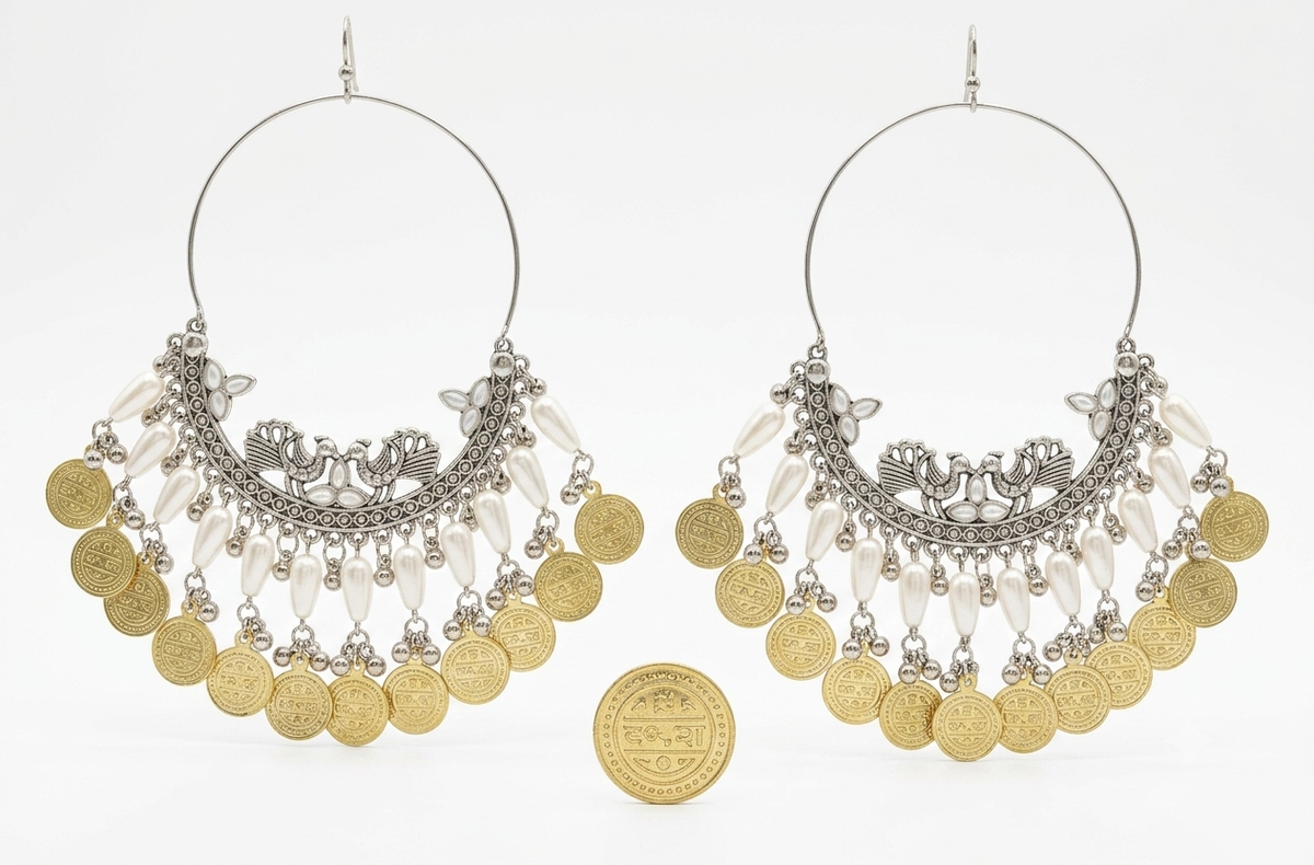Dual-Tone Peacock Chandbali Earrings with Gold Coin Drops | Famaza Couture
