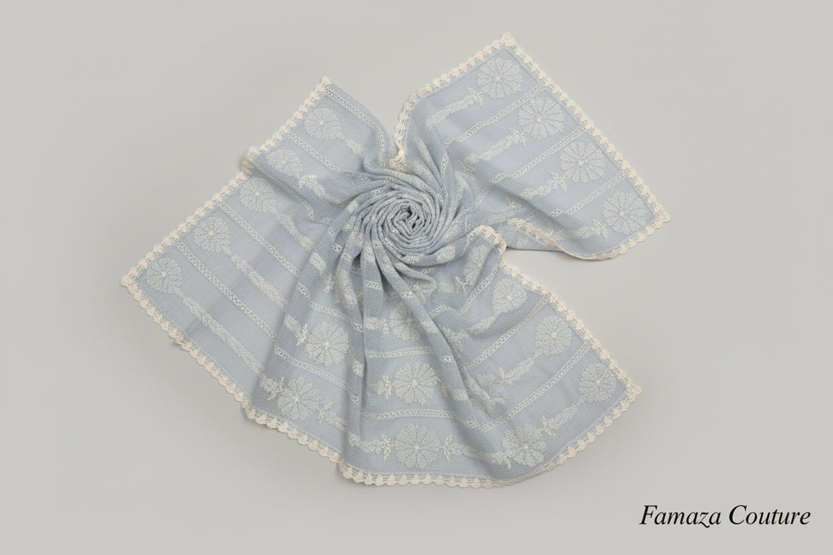 Ice blue Handcrafted Kota Doriya Chikankari Hand-embroidered duppata with white thread hand embroidery .