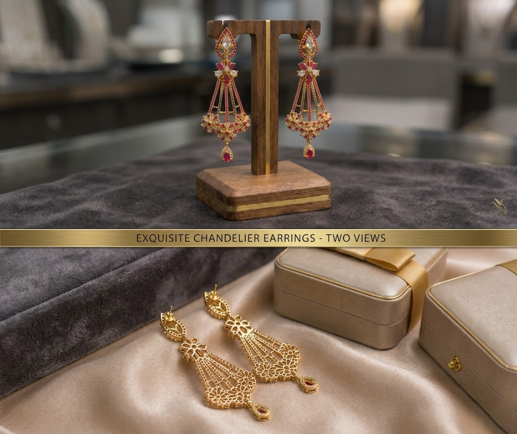Luxury gold chandelier drop earrings featuring red ruby gemstones and cubic zirconia accents, presented in a two-panel product display.