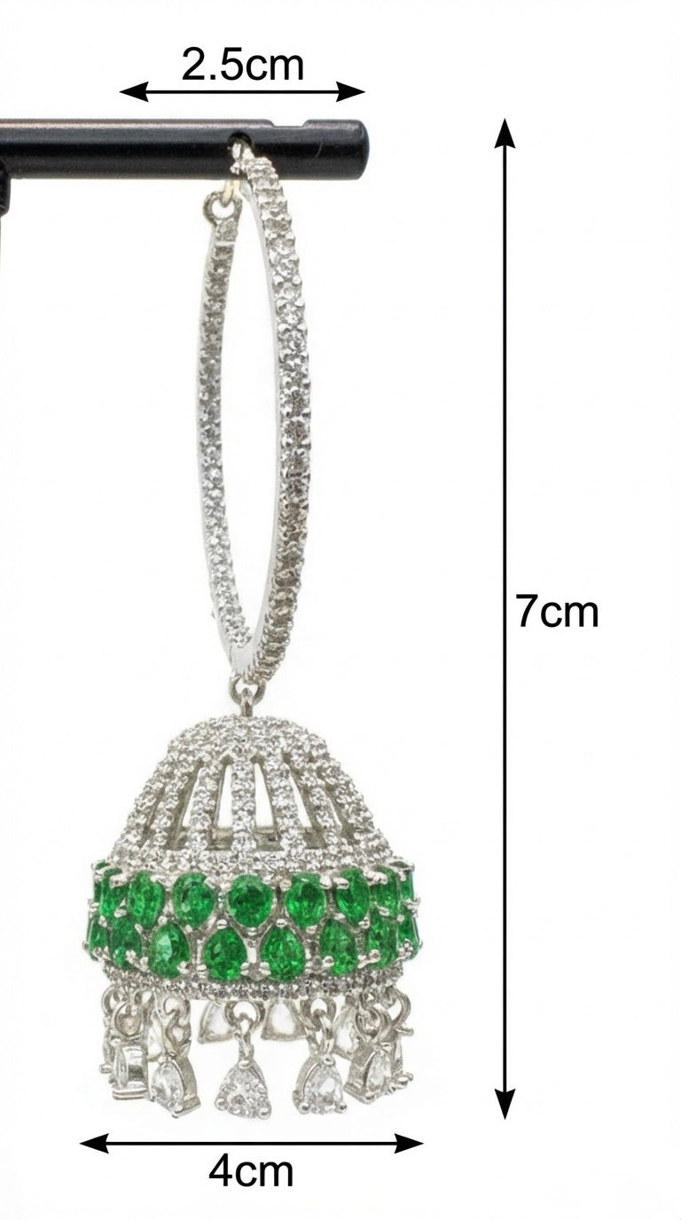 Jewelry item with green gemstones and silver accents, shown with measurements on a white background.